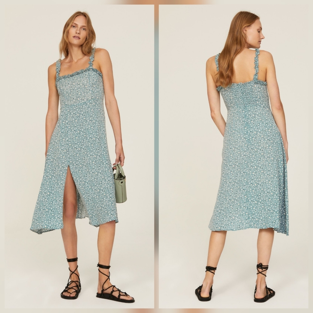 Louna Blue Floral Ruffle Dress Line Square Neck Sleeveless Size XS